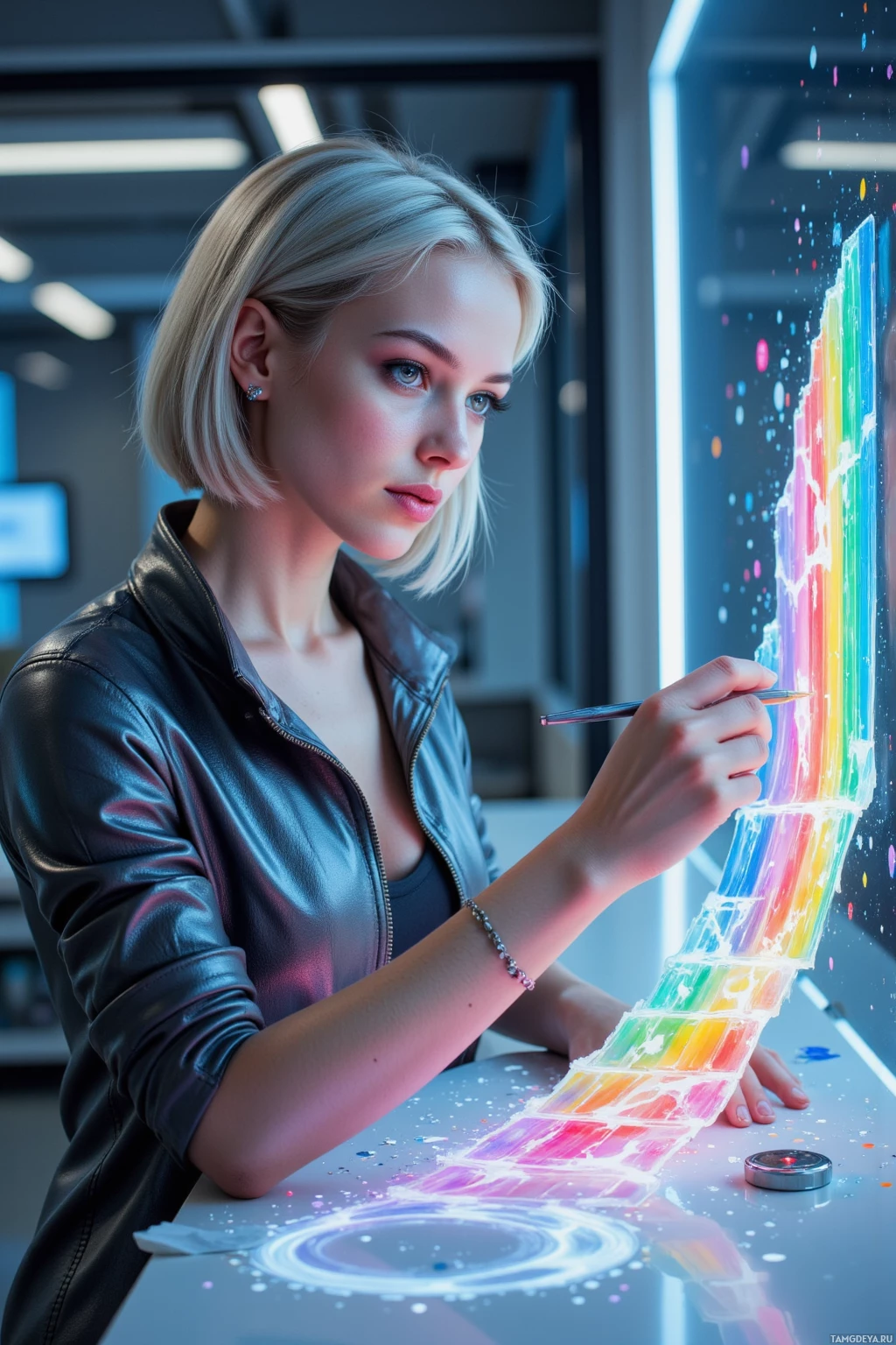 A person in a leather jacket is painting a colorful abstract design on a digital canvas.