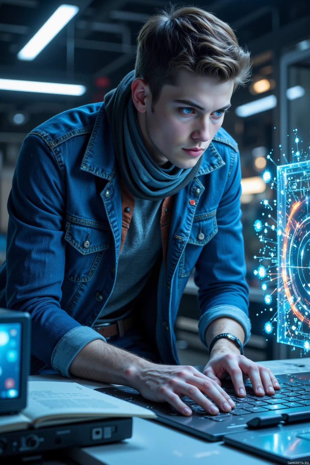 A young man in a denim jacket leans forward, focused on a laptop screen displaying a futuristic interface.