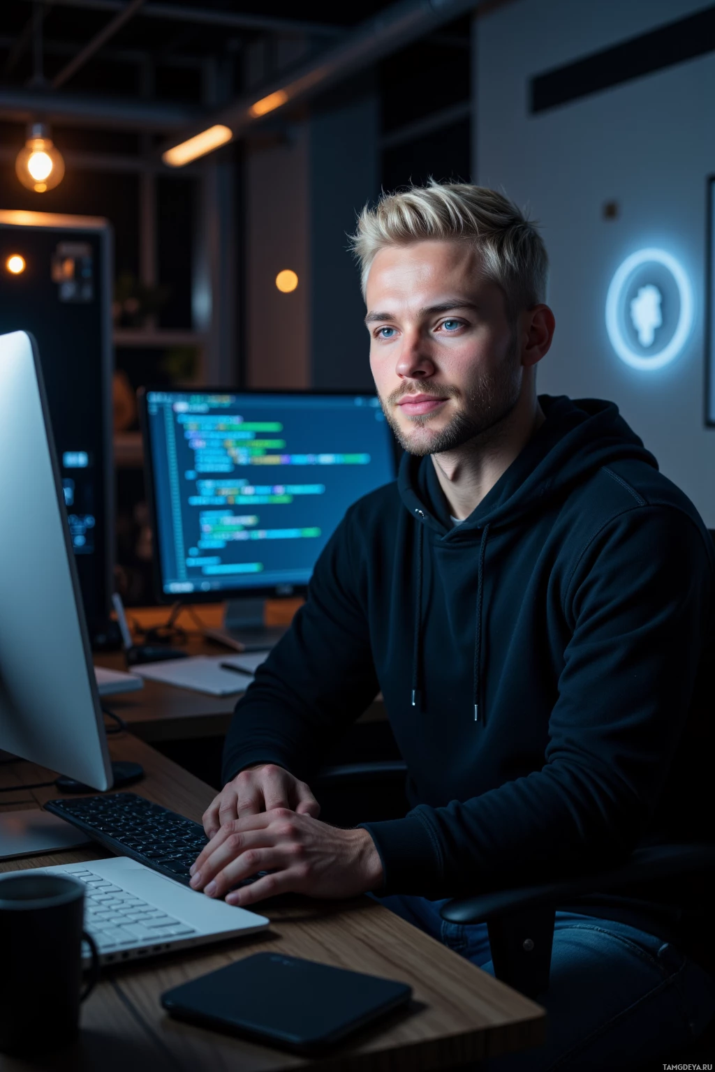 A person in a hoodie sits at a desk with a computer, looking at the screen.