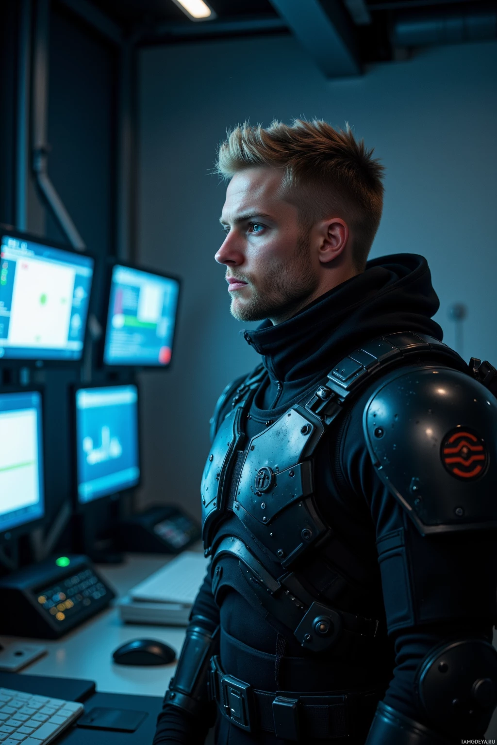 A person in futuristic armor stands in a dimly lit room with computer monitors.