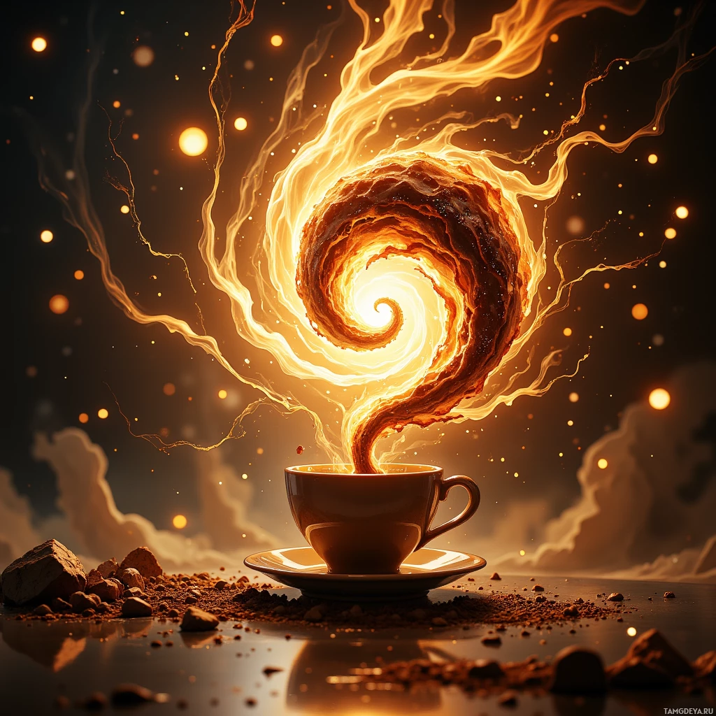 A swirling, fiery vortex emanates from a cup of coffee, creating a dramatic and magical effect.