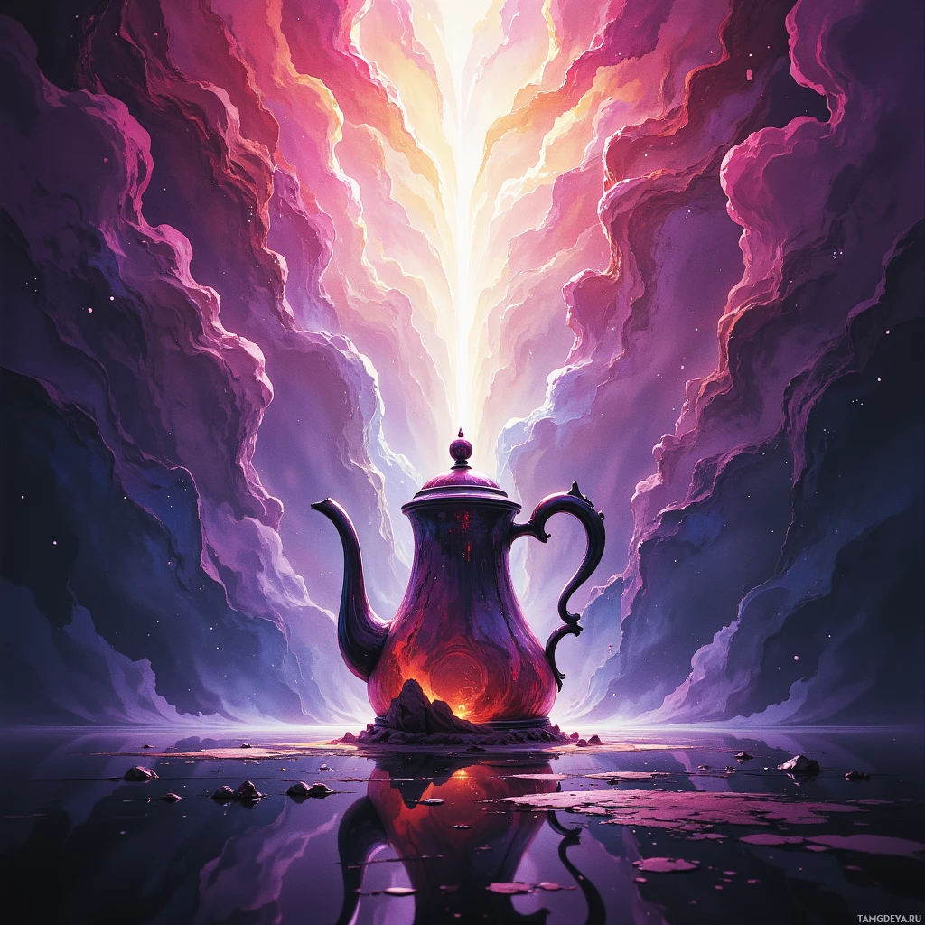 A teapot sits on a rocky surface in a cosmic, ethereal landscape with swirling clouds and a radiant light source.