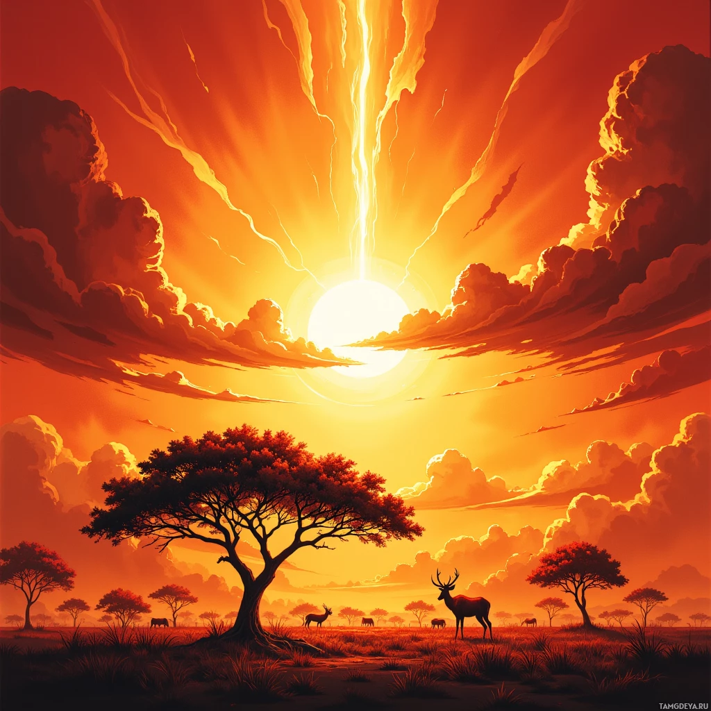 A vibrant sunset scene with a glowing sun, silhouetted trees, and grazing deer in a grassy field.