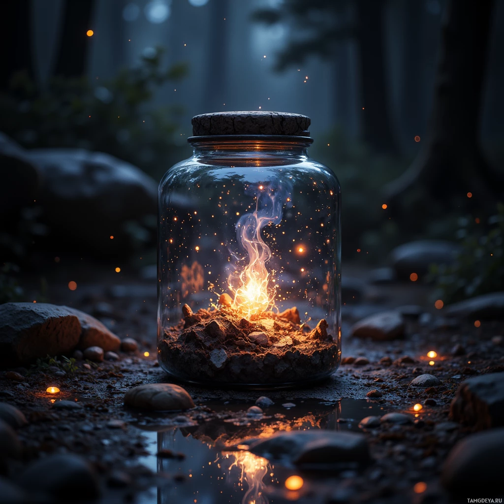 A glowing fire inside a glass jar amidst a forest setting.