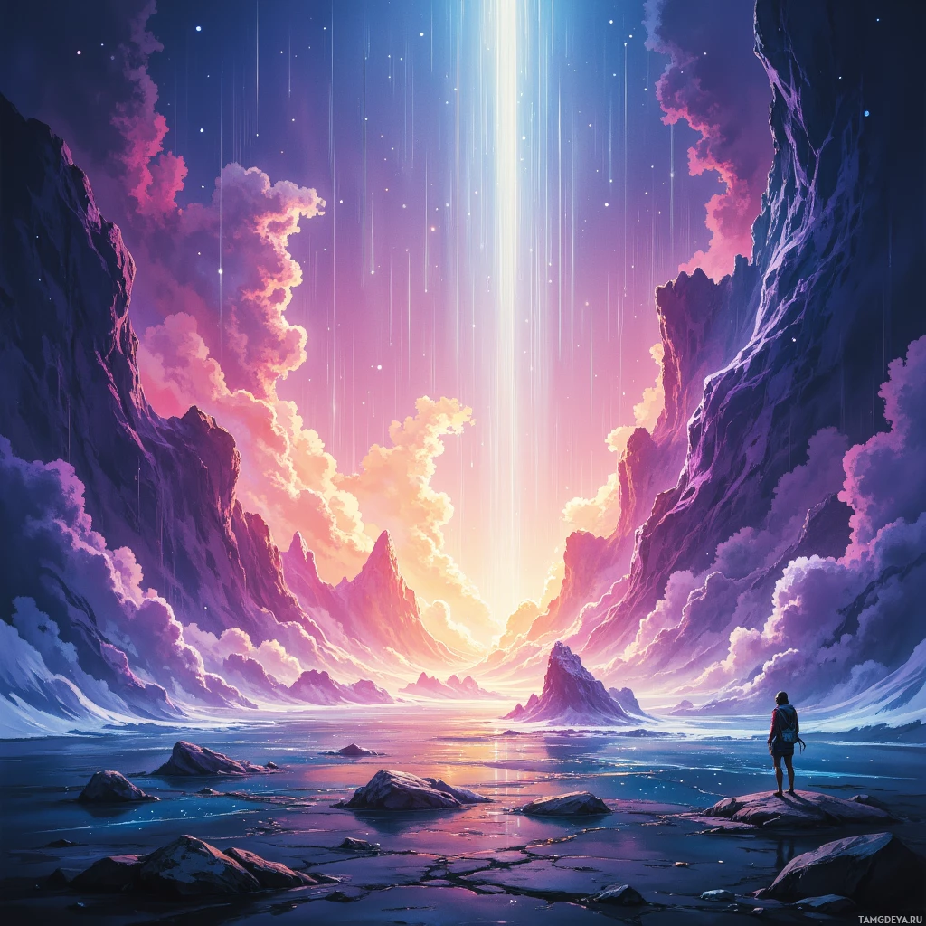 A person stands on a rocky shore, gazing at a vibrant, ethereal sky with glowing clouds and a radiant light beam.