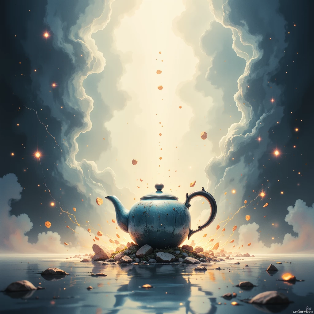 A serene scene featuring a blue teapot on a rocky island surrounded by calm water, with glowing particles and a dramatic sky in the background.