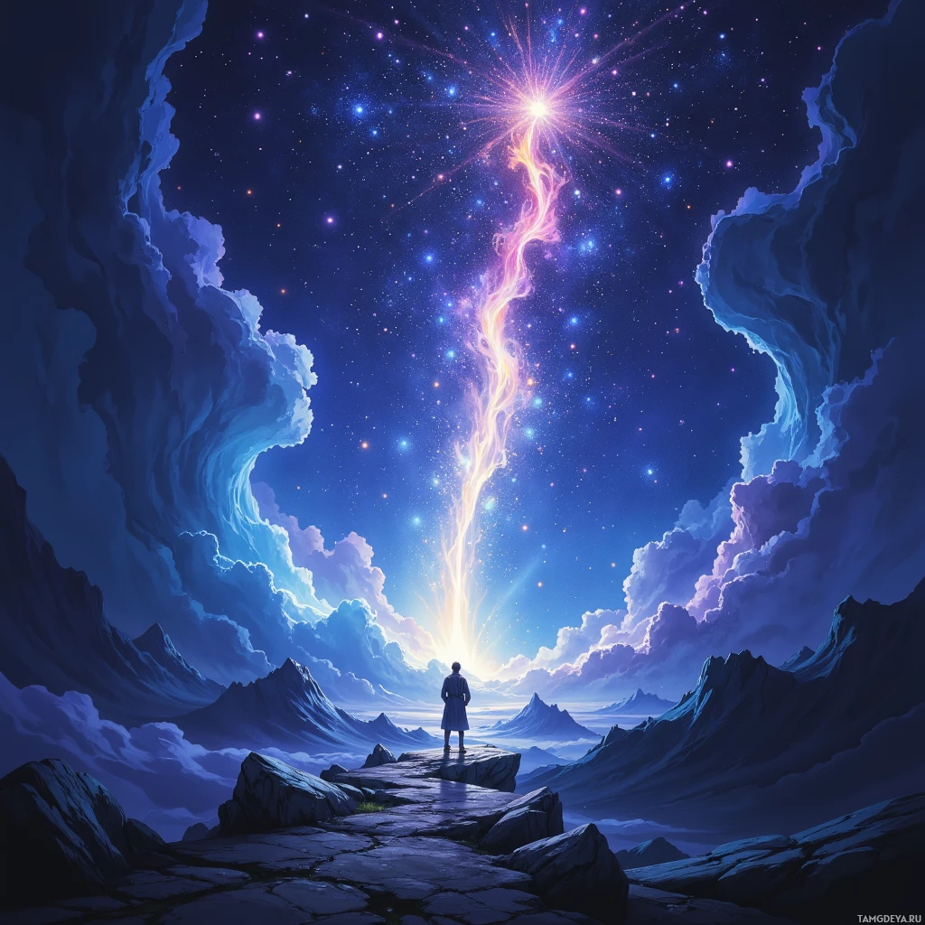 A lone figure stands on a rocky path, gazing at a radiant, colorful light beam piercing the night sky.