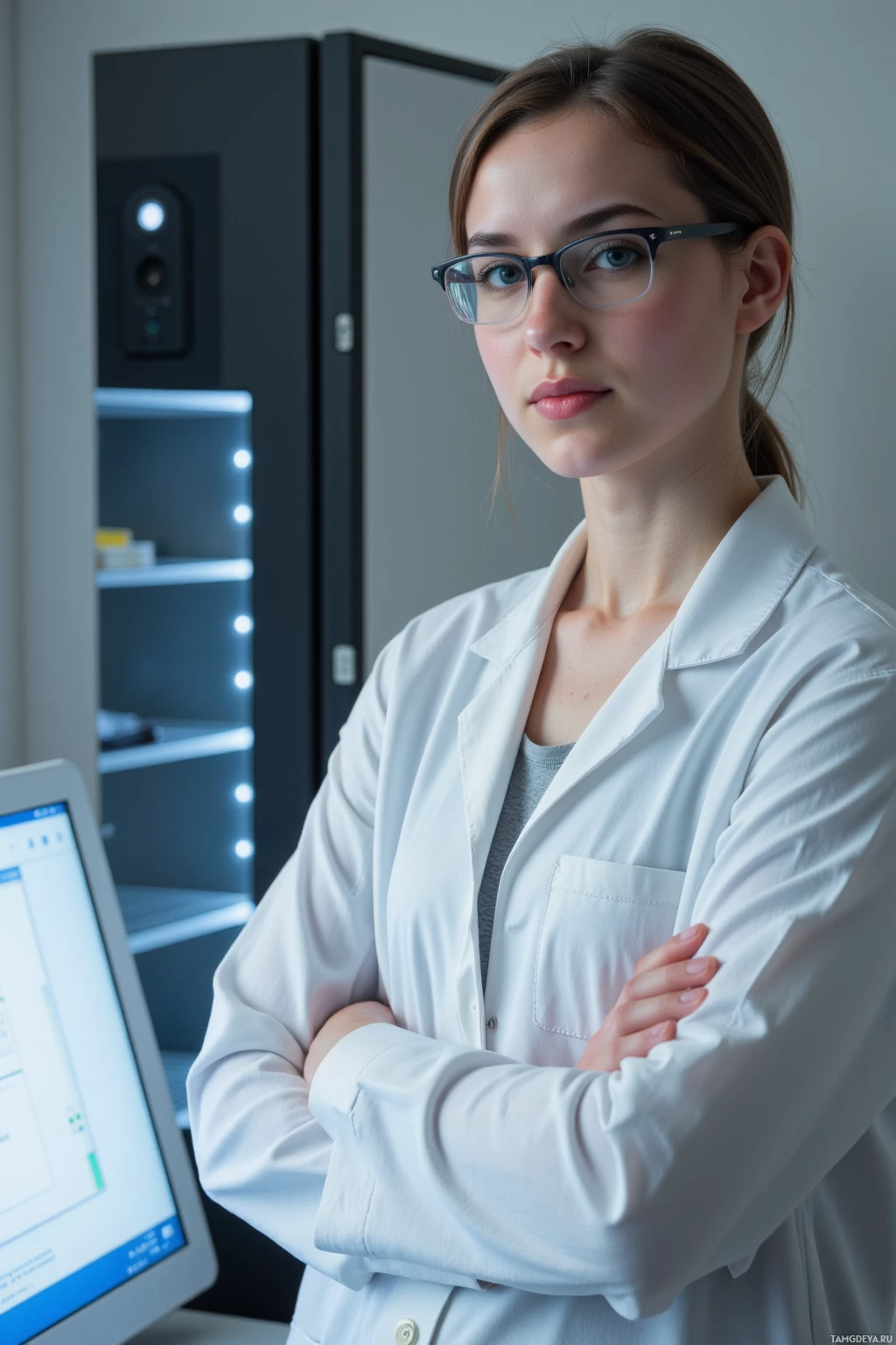 A person in a white lab coat stands in a laboratory setting with arms crossed.