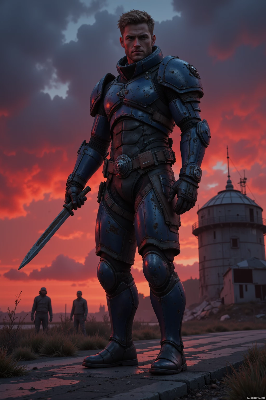 A figure in futuristic armor stands on a path, holding a sword, with a lighthouse and a dramatic sky in the background.