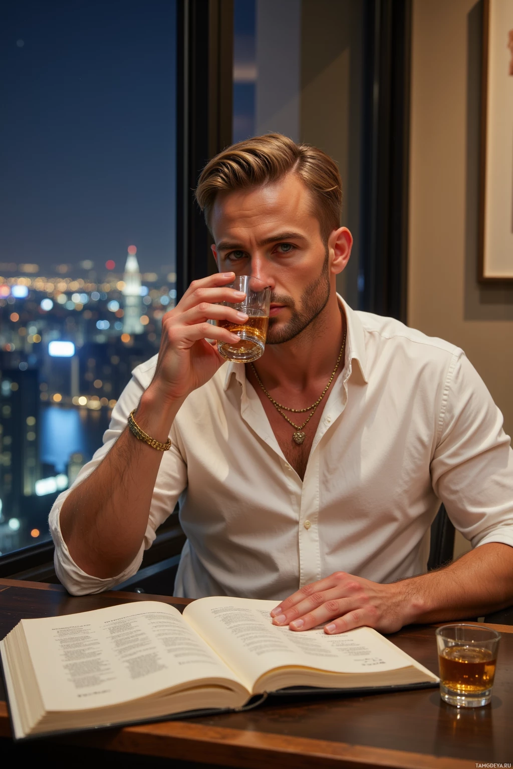 A man in a white shirt drinks from a glass while reading a book by a window with a cityscape view.
