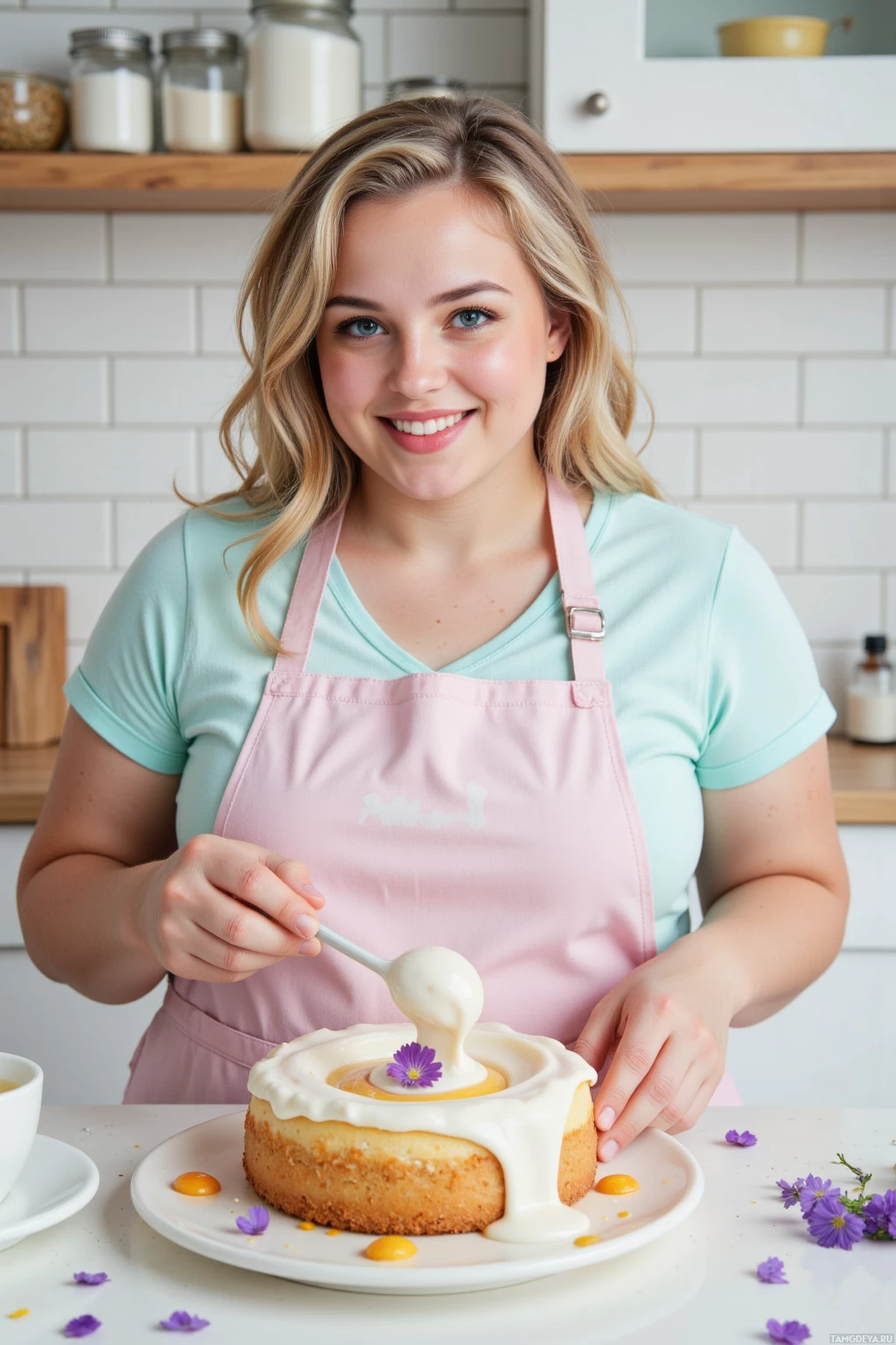 A person in a kitchen decorates a cake with white frosting and a purple flower.