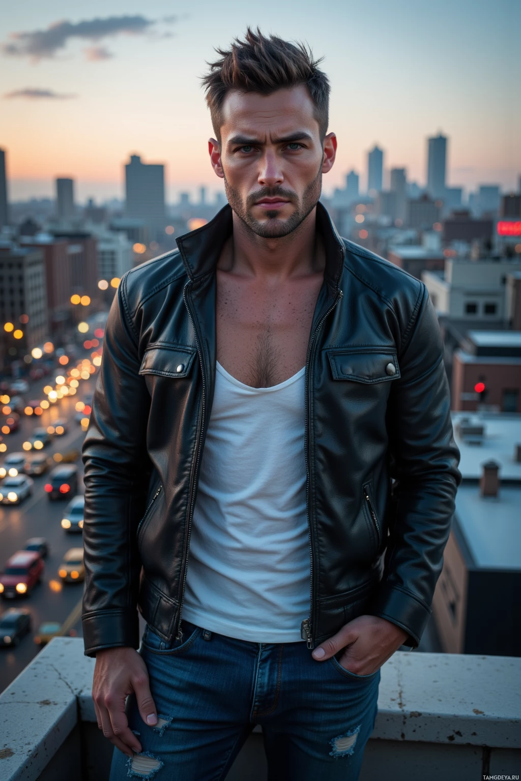 A man in a leather jacket and jeans stands on a rooftop overlooking a cityscape at dusk.
