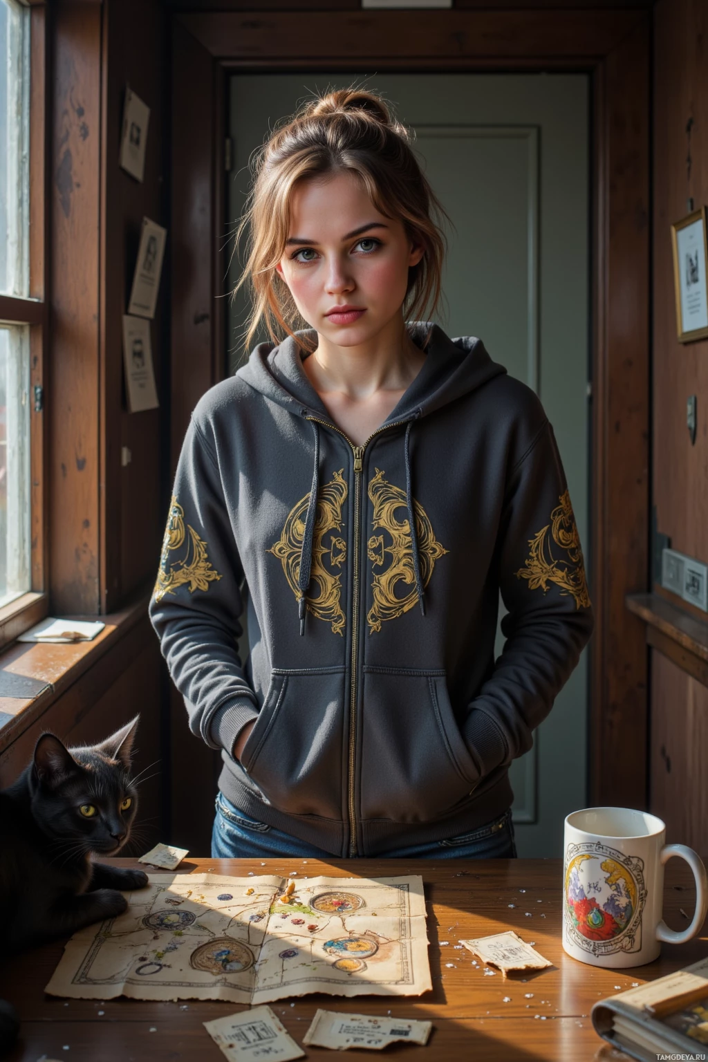A person wearing a dark hoodie with gold designs stands in a room with a cat and a map on the table.