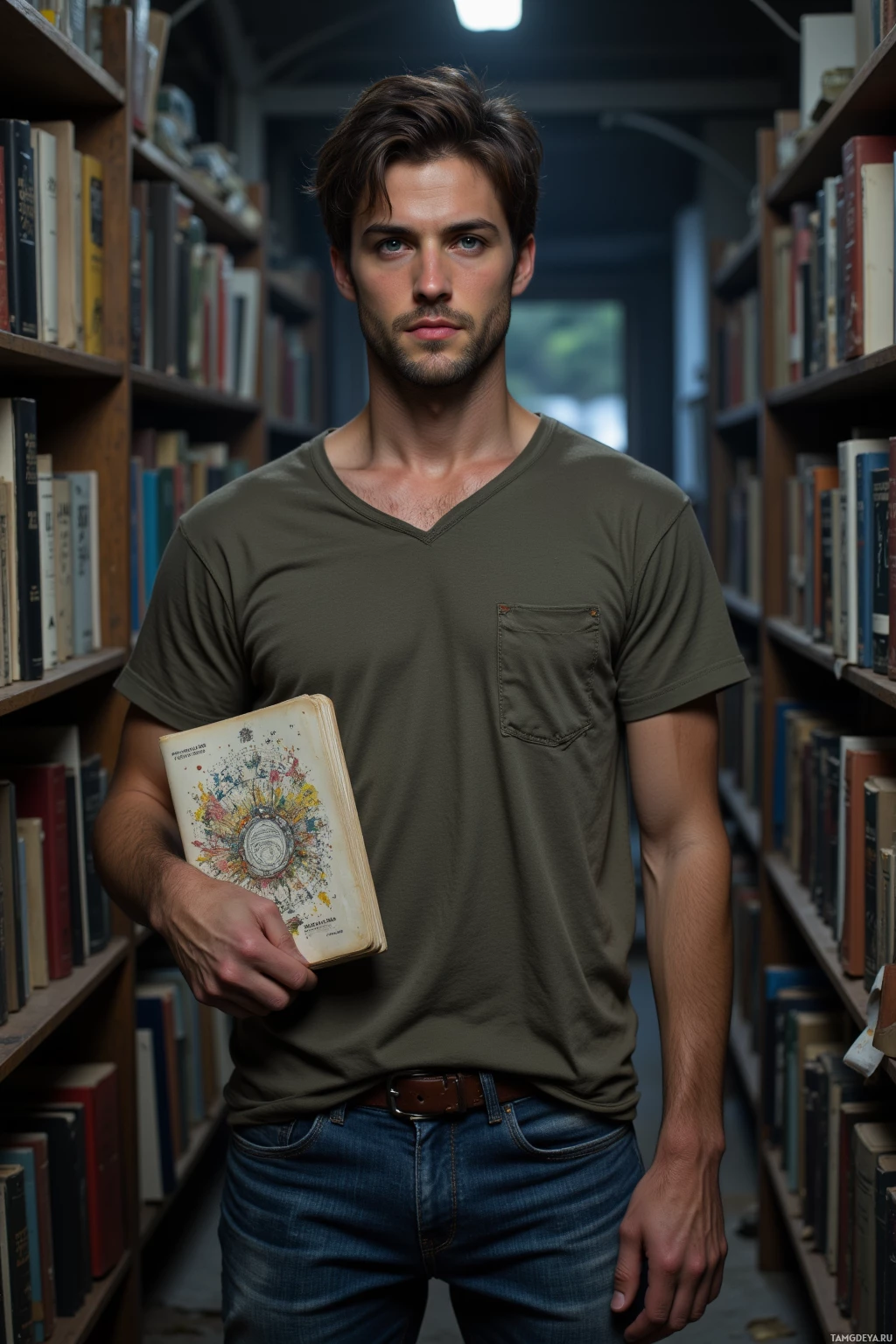 A man stands in a library aisle, holding an old book.
