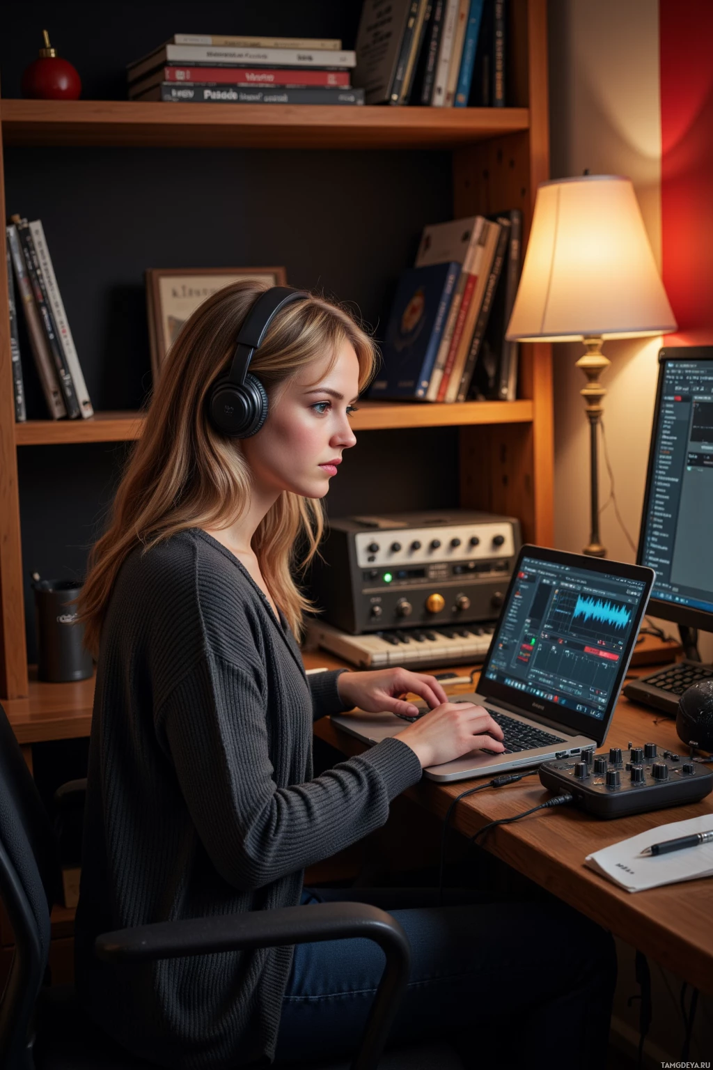A person wearing headphones works at a desk with a laptop and audio equipment.