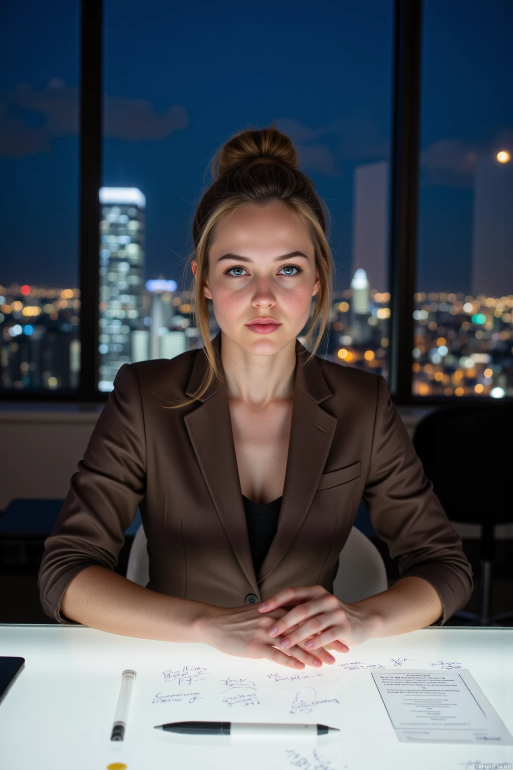 A woman in a professional setting with a cityscape at night in the background.