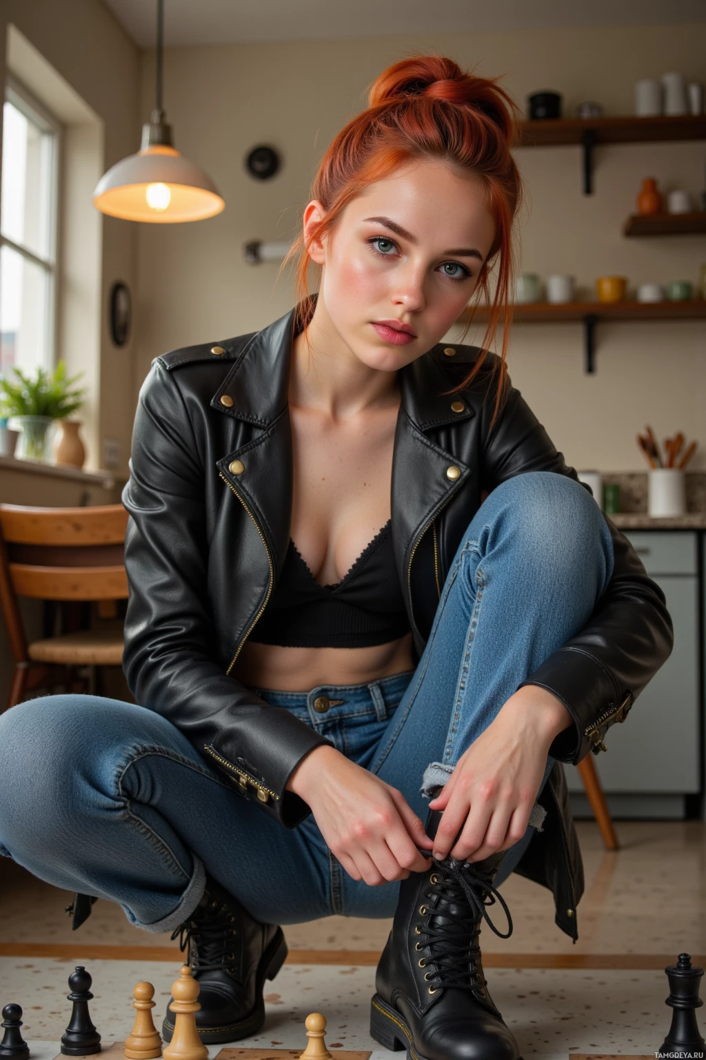 A person in a leather jacket and jeans is sitting on the floor with chess pieces around them.