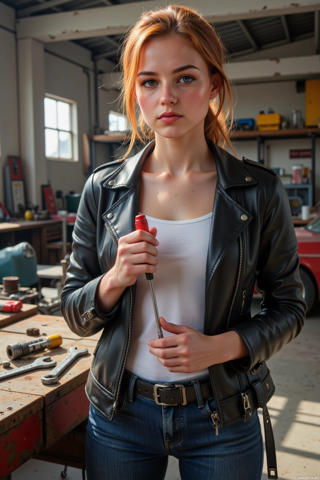 A woman in a leather jacket and jeans stands in a workshop holding a tool.
