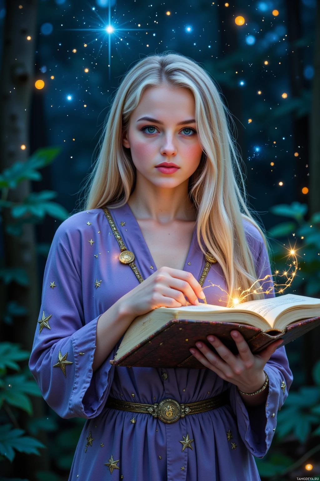 A woman in a purple dress holds an open book with glowing stars in a forest setting.