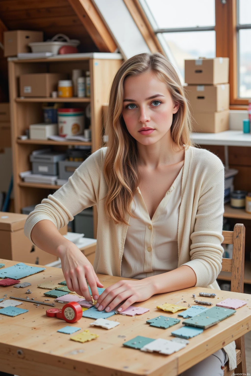 A person is working at a table in a workshop setting.