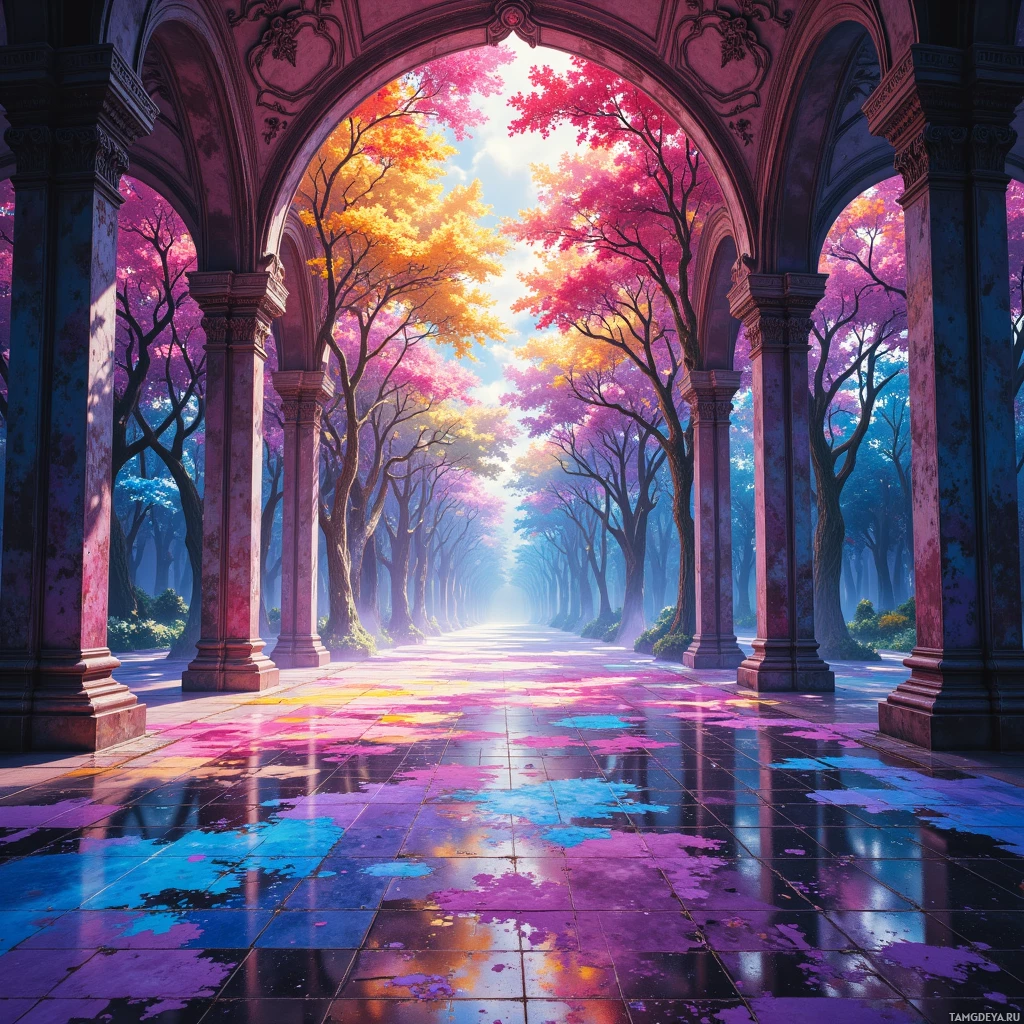 A vibrant, colorful pathway lined with arches and trees leading to a bright sky.