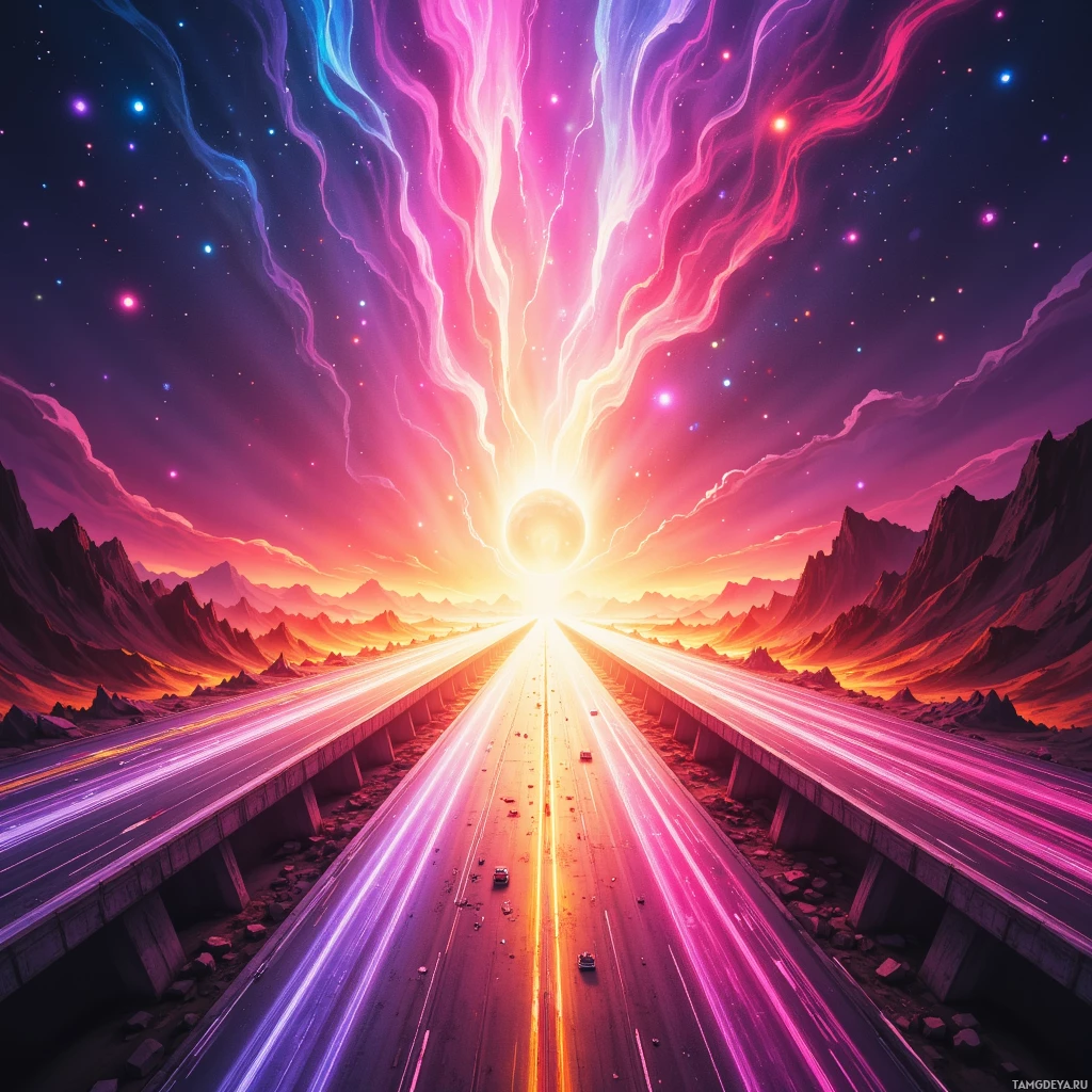 A futuristic highway stretches into a vibrant, cosmic sky with streaks of light and distant mountains.