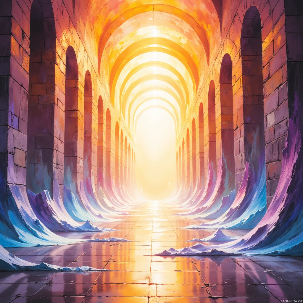 A vibrant, surreal corridor with arches and a glowing light at the end.