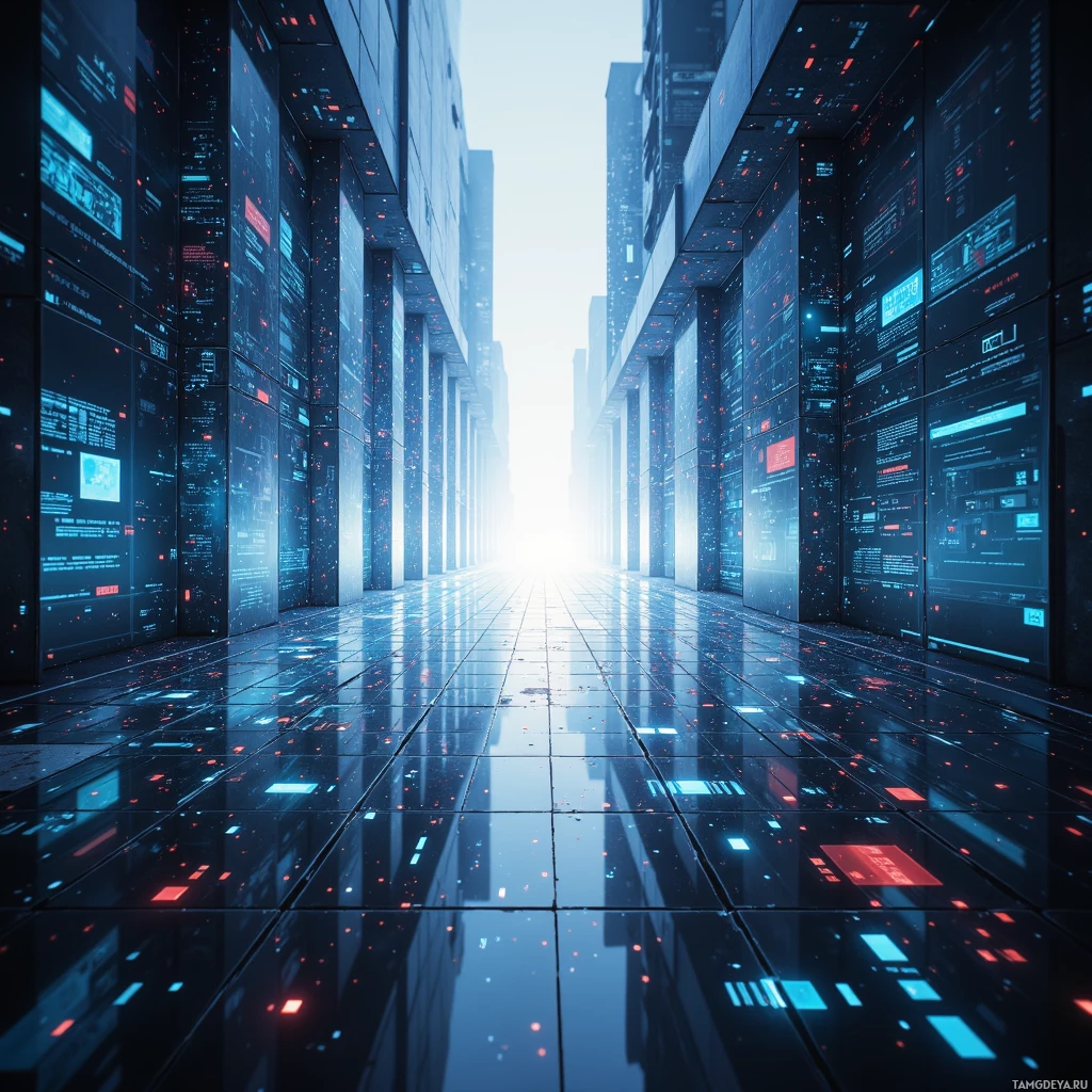 A futuristic corridor with glowing digital panels and reflective flooring leading towards a bright light at the end.