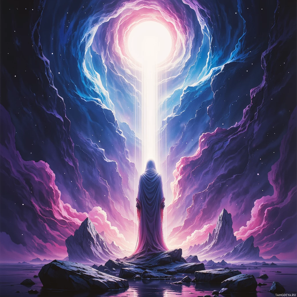A hooded figure stands before a glowing portal in a cosmic landscape.