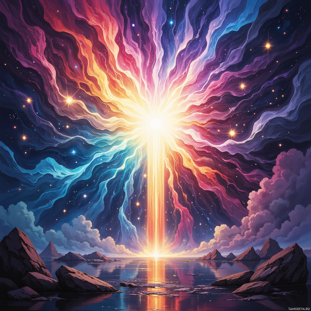 A vibrant cosmic scene with a radiant light source and colorful celestial rays above a serene landscape.
