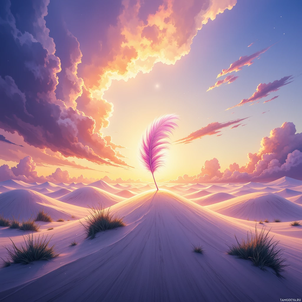 A serene desert landscape with soft sand dunes, a single feather in the air, and a vibrant sky with clouds.