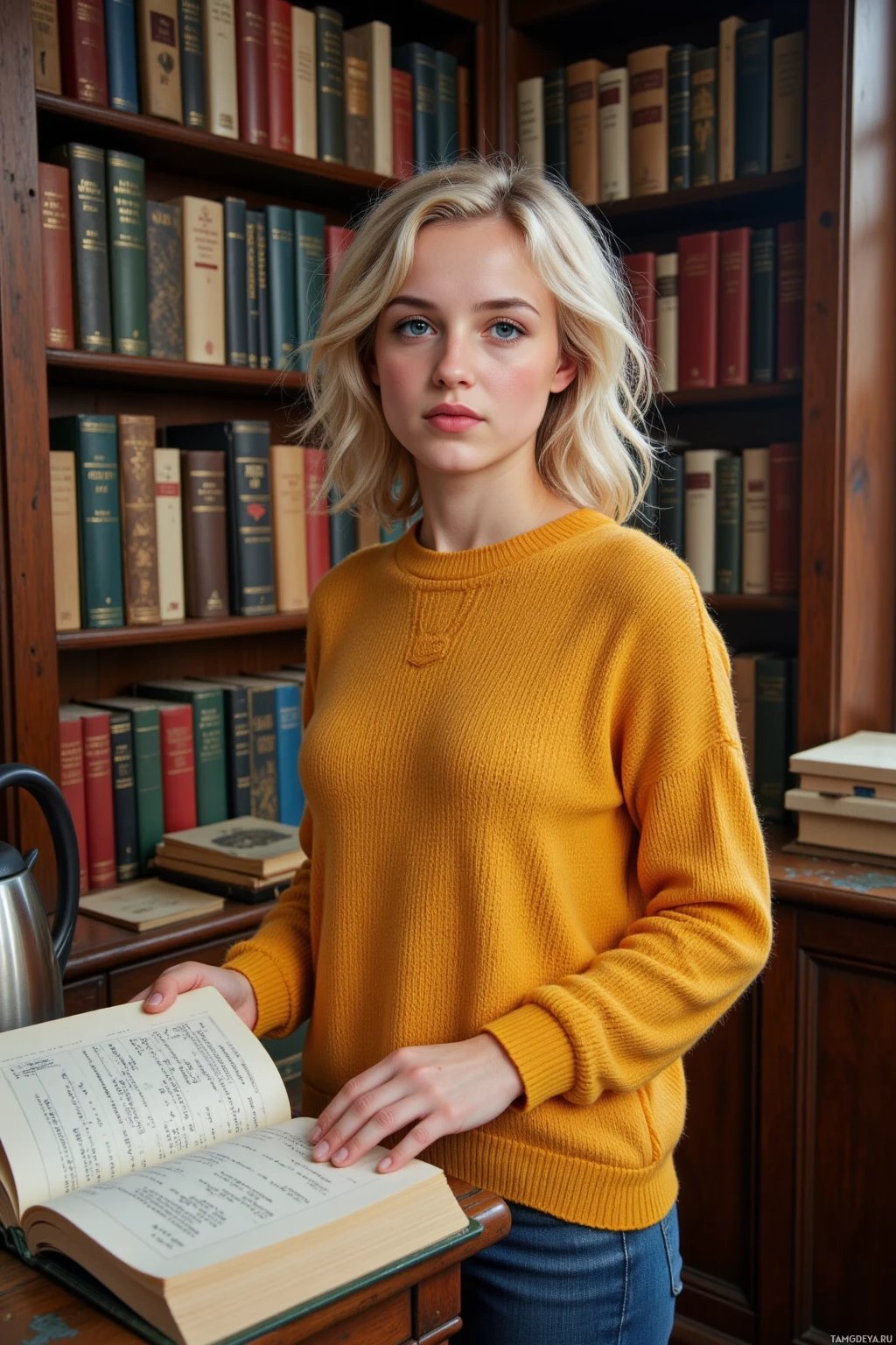 A person in a yellow sweater stands in front of a bookshelf, holding an open book.