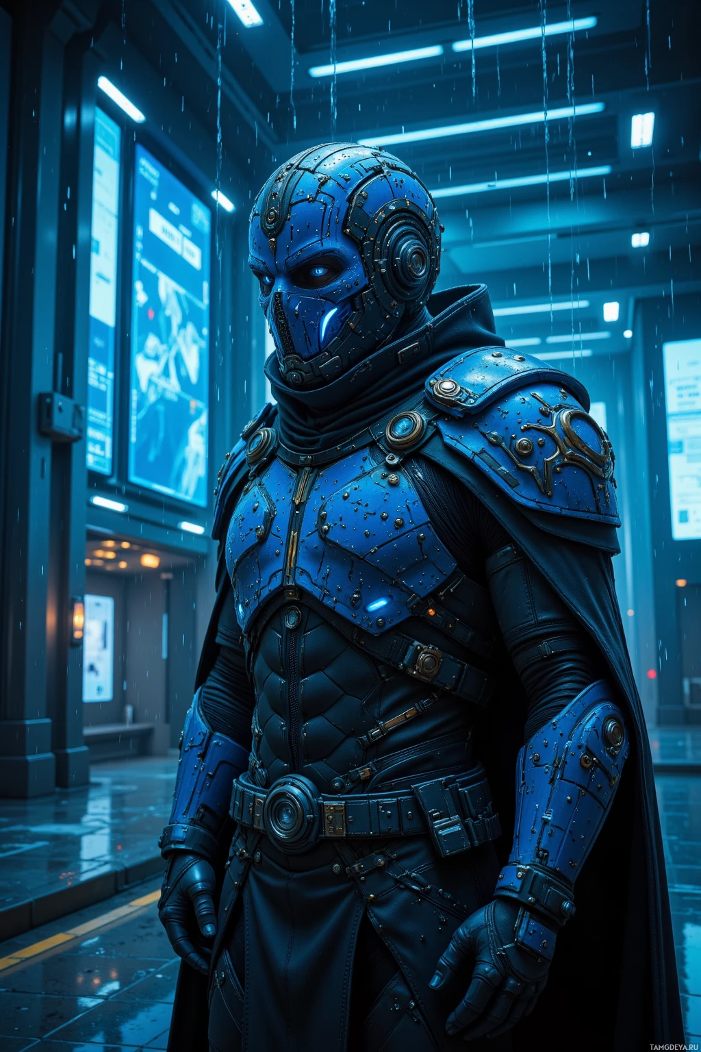 A futuristic armored figure stands in a rain-soaked corridor with glowing blue lights.