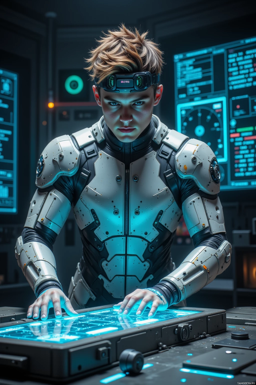 A person in futuristic armor interacts with a glowing, high-tech interface in a sci-fi setting.