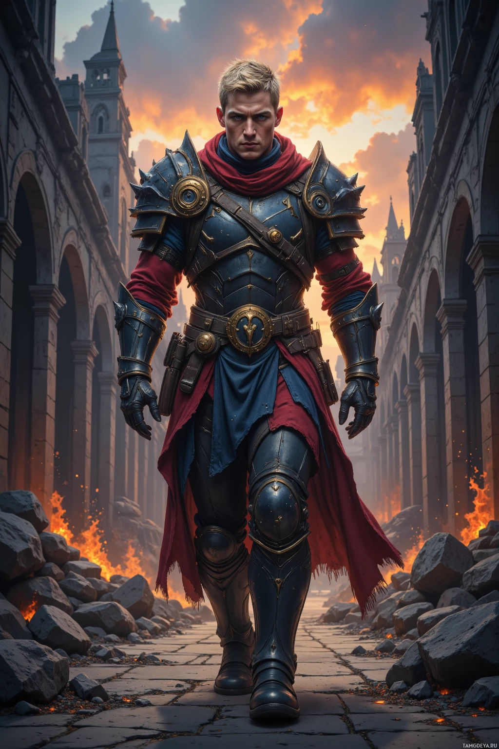 A knight in ornate armor stands amidst ruins under a dramatic sky.