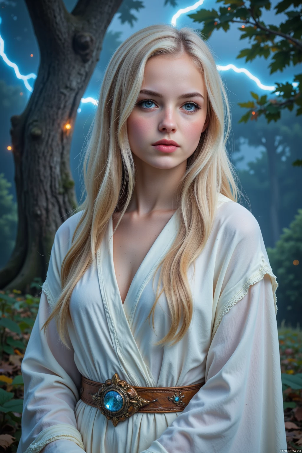 A woman with long blonde hair wearing a white dress with a belt stands in a forest setting.