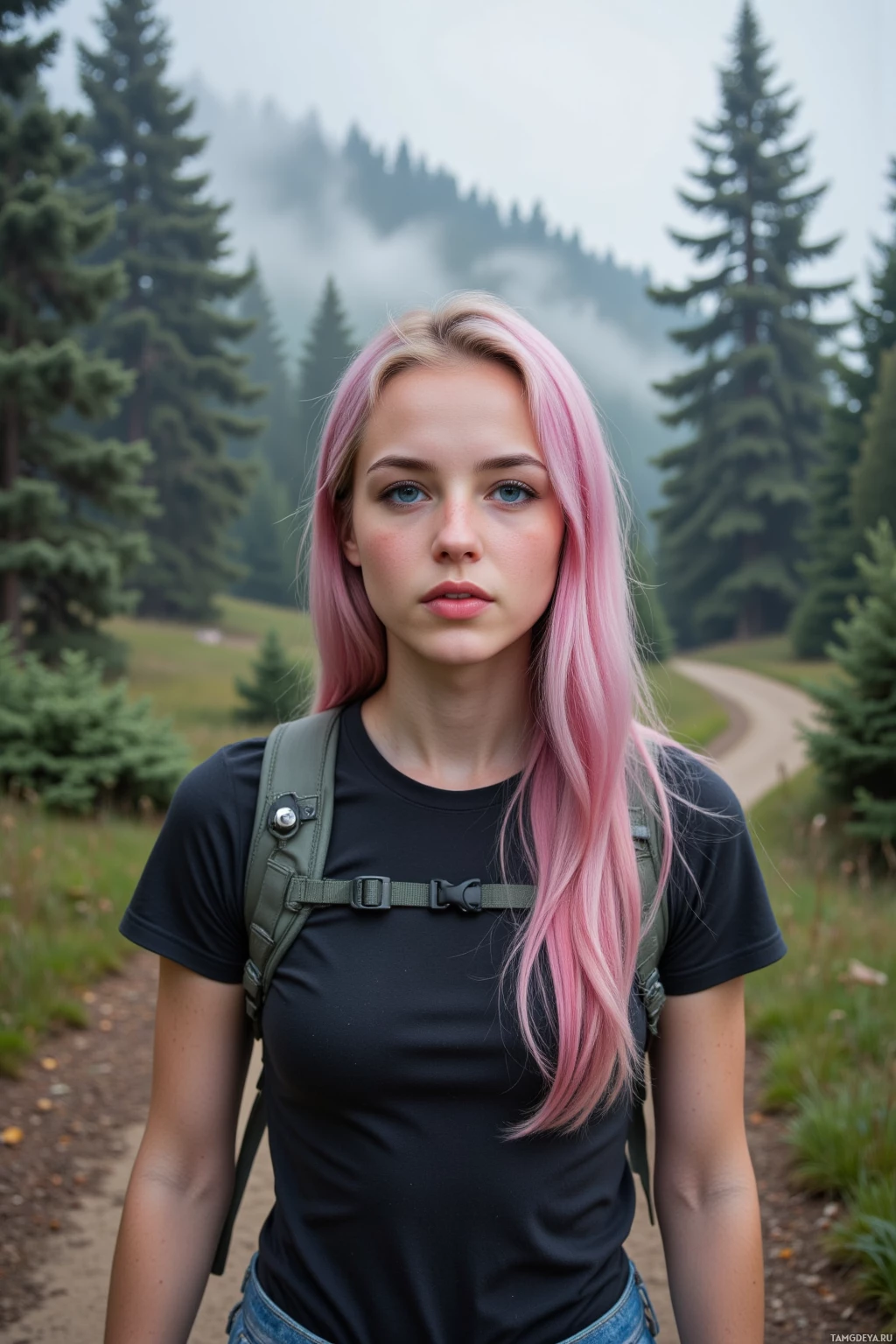 A person with pink hair stands on a path in a forested area.