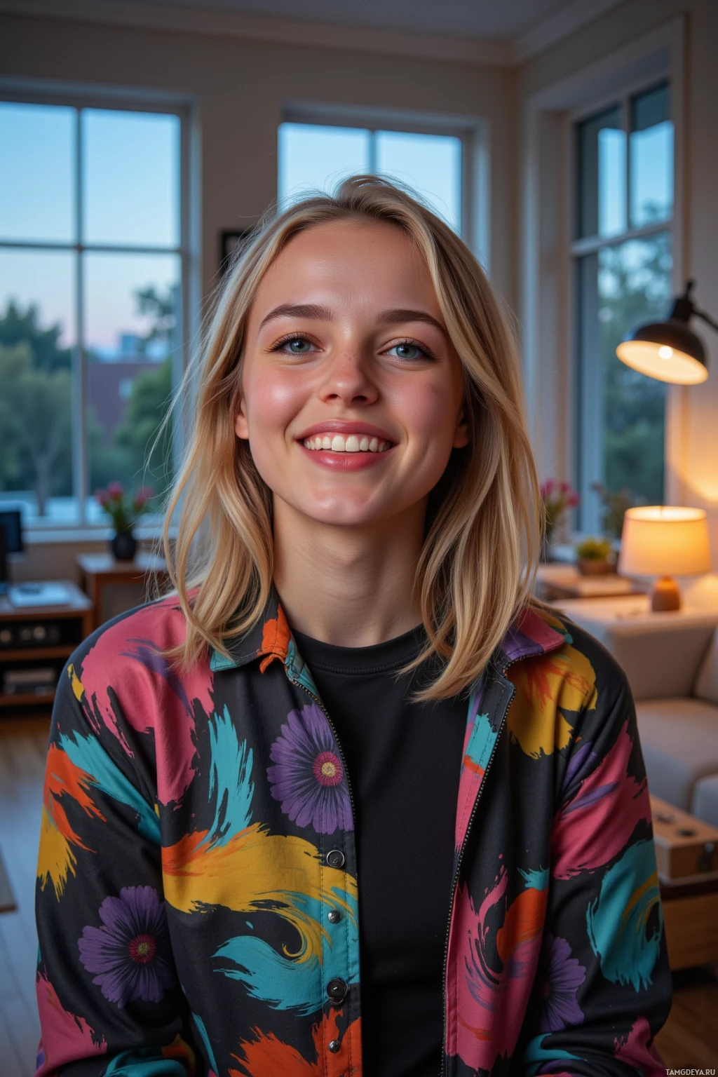 A person with blonde hair wearing a colorful floral jacket smiles in a well-lit room.