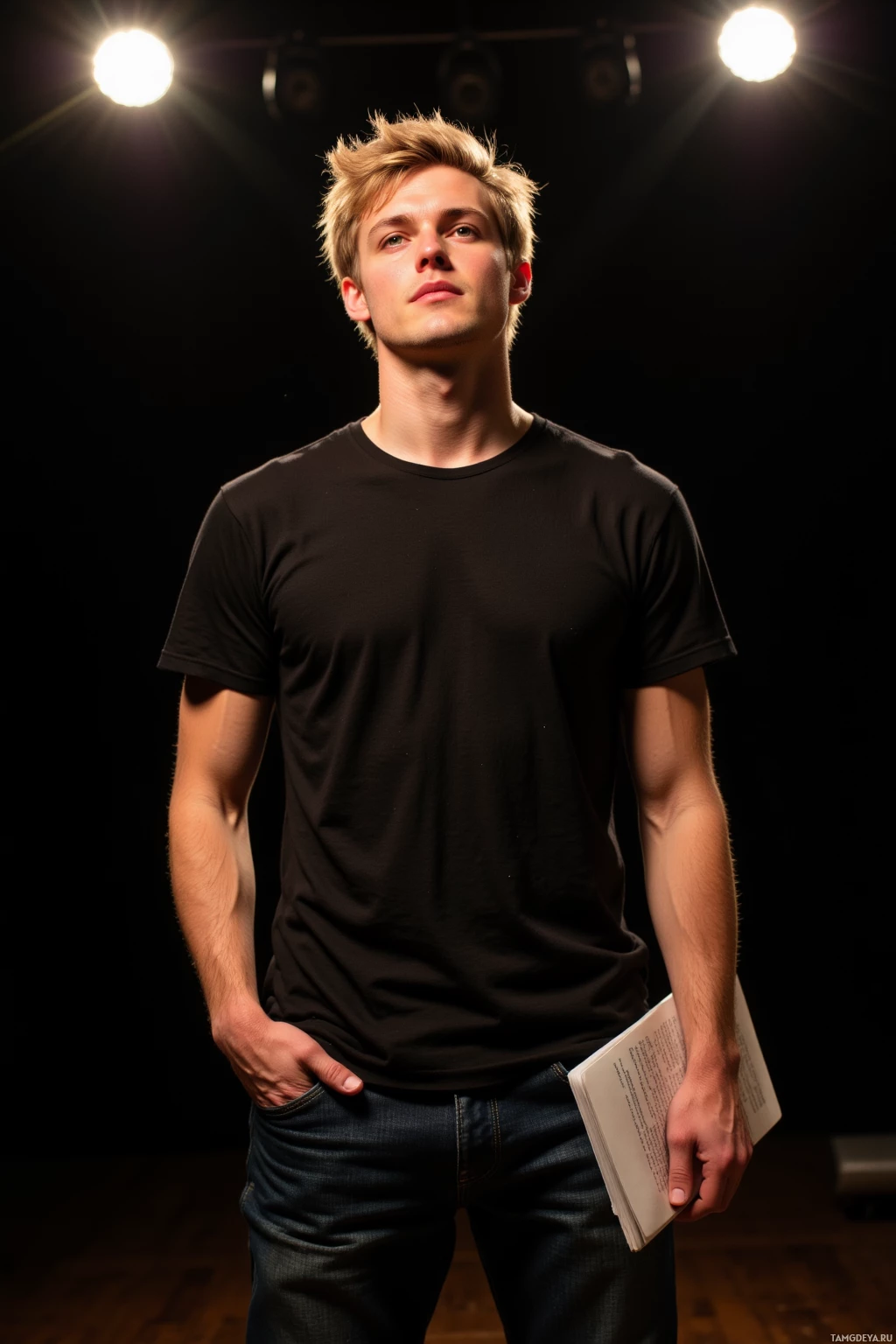 A young man in a black t-shirt and jeans stands against a dark background, holding a script.