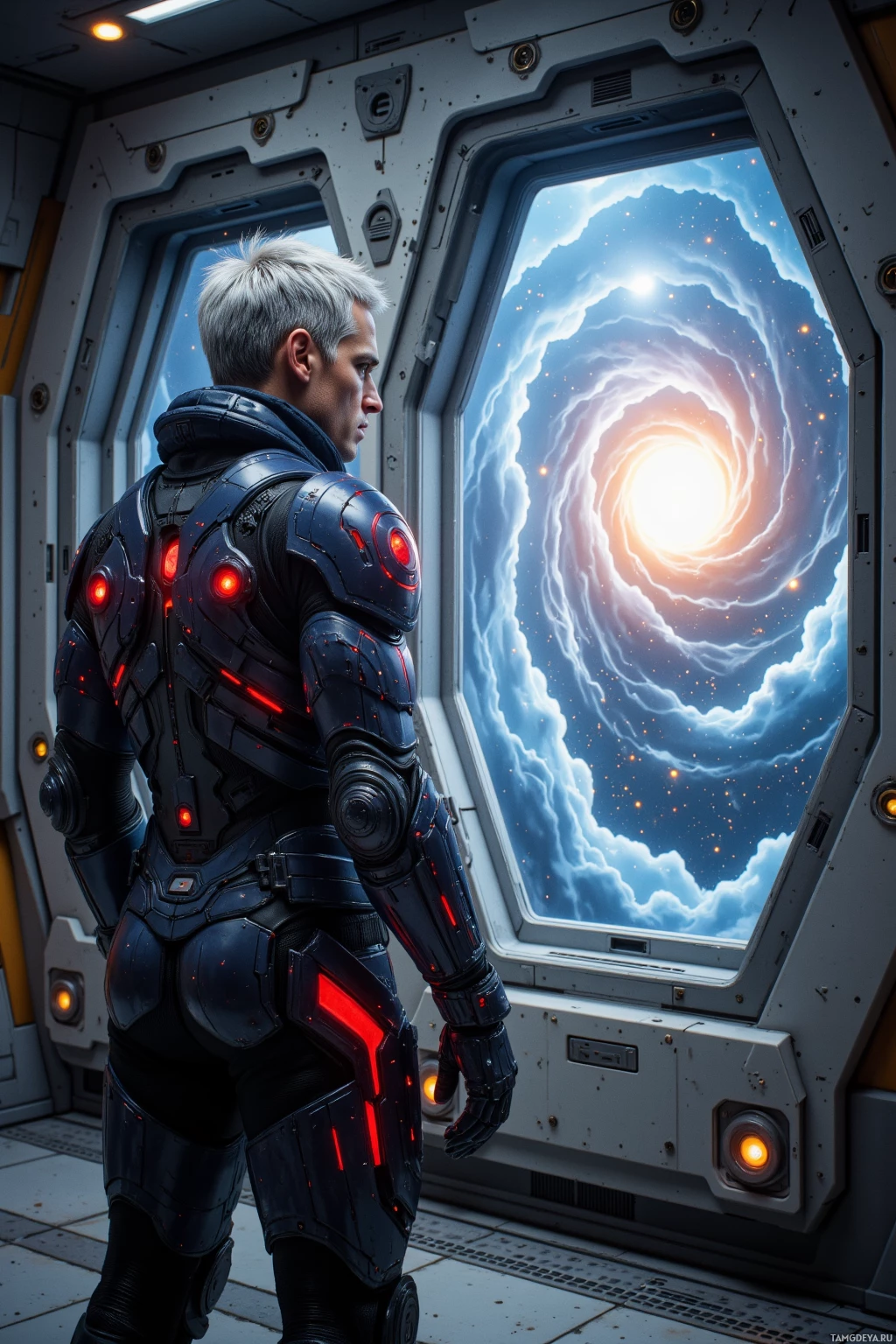 A person in futuristic armor stands inside a spacecraft, gazing out at a swirling cosmic vortex.