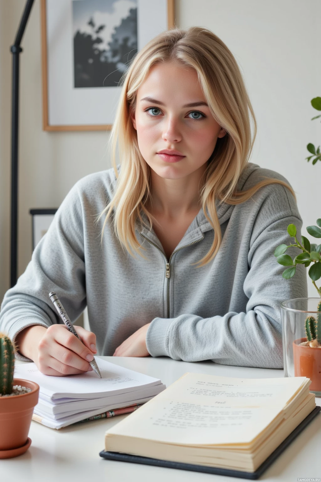 A person in a gray hoodie is sitting at a desk, writing in a notebook.