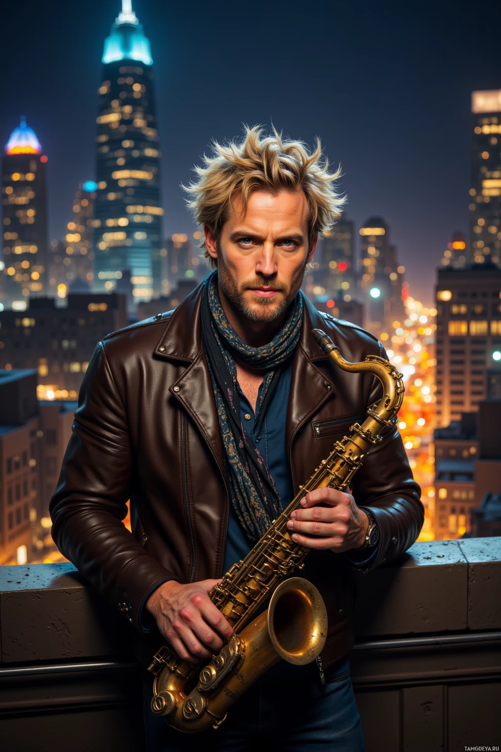 A man in a leather jacket holds a saxophone against a cityscape backdrop at night.