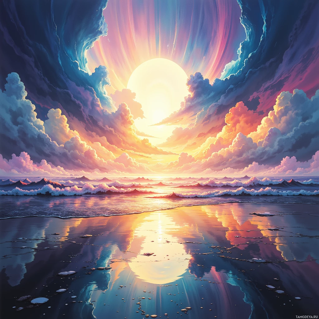 A vibrant sunset over the ocean with colorful clouds and reflections on the water.