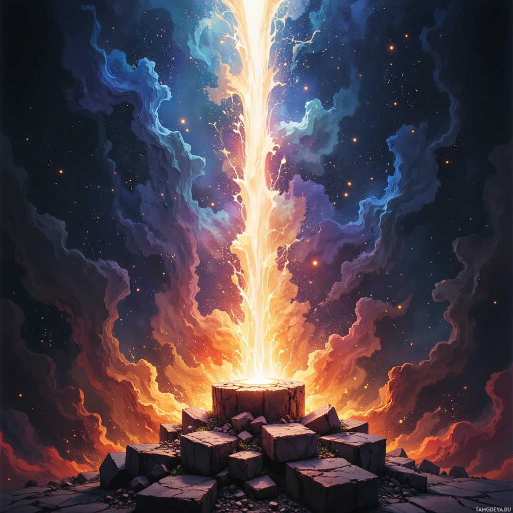 A vibrant cosmic explosion with fiery and ethereal elements radiating upwards from a rocky pedestal.