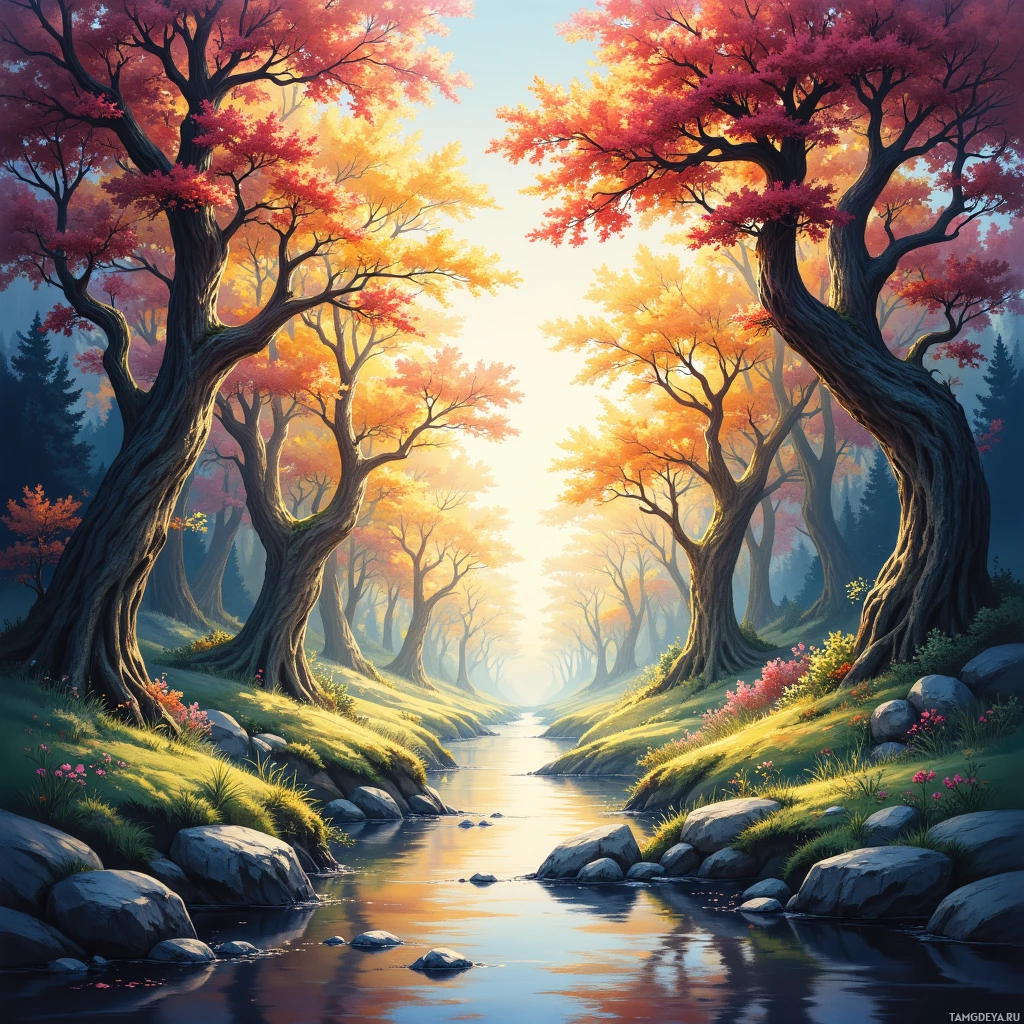 A serene autumn landscape with a river flowing through a forest of colorful trees.