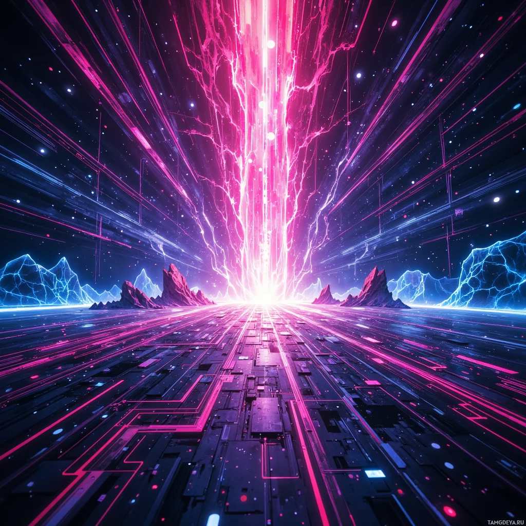 A vibrant, futuristic landscape with glowing pink and blue lines and structures against a starry sky.