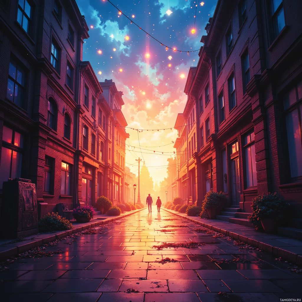 A picturesque street scene with brick buildings, string lights, and a couple walking under a vibrant sky.