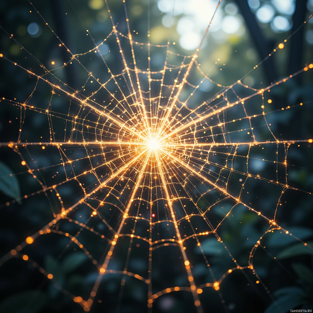 A close-up of a spider web illuminated with a warm, glowing light.