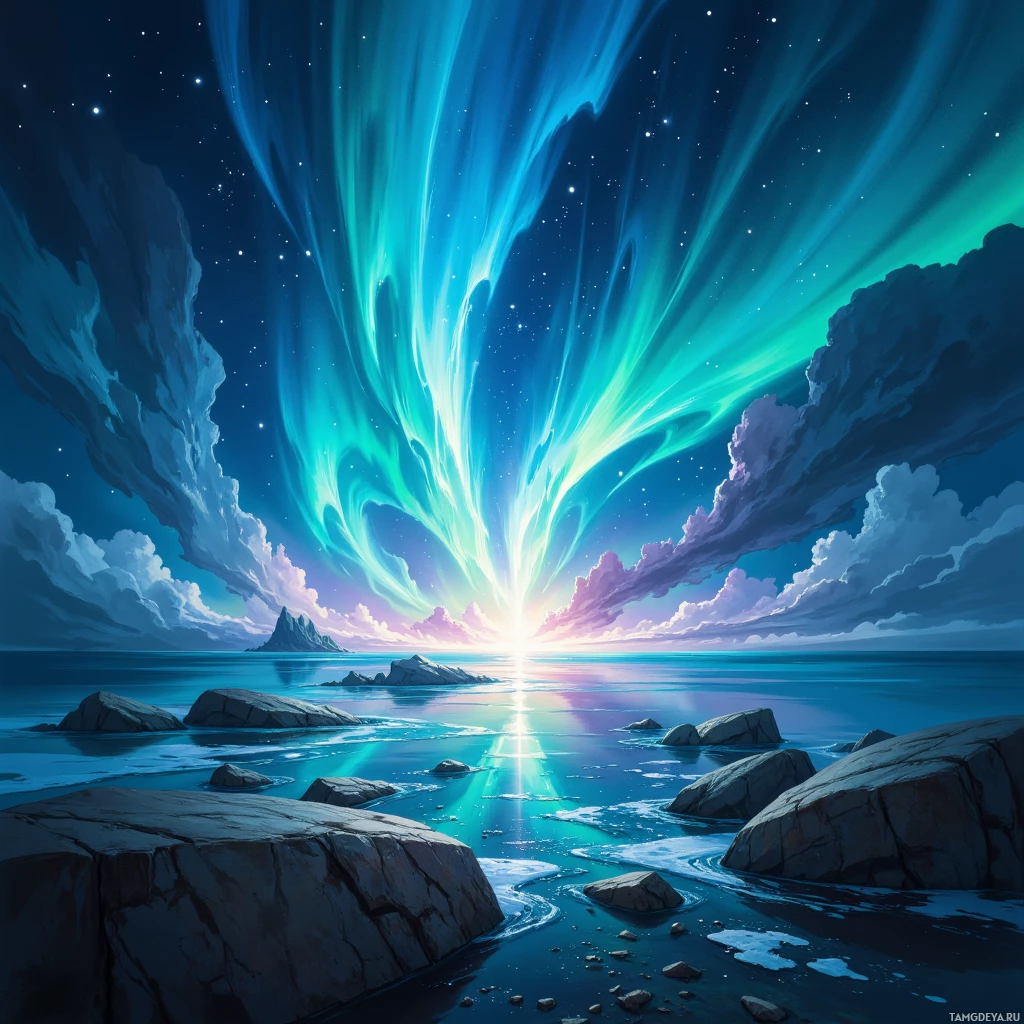 A serene night scene with glowing aurora borealis over a calm sea and rocky shore.