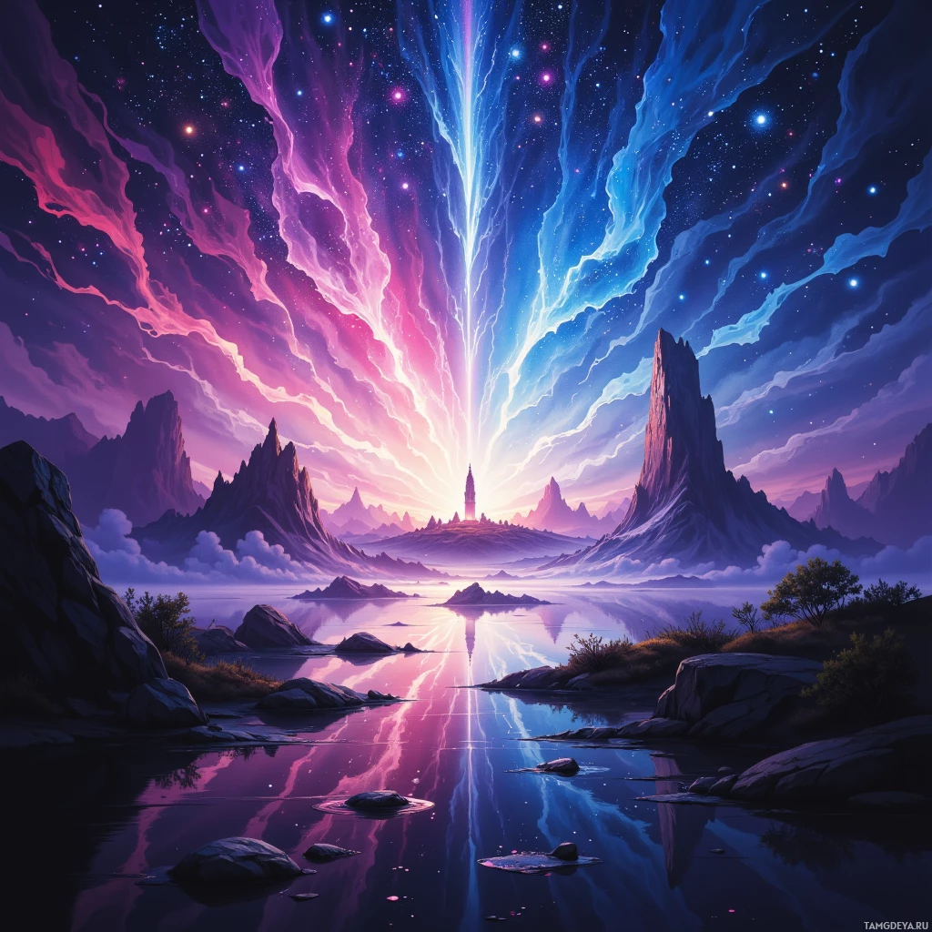 A fantastical landscape with vibrant, glowing streaks of light in the sky, reflecting on a calm body of water surrounded by rugged mountains.